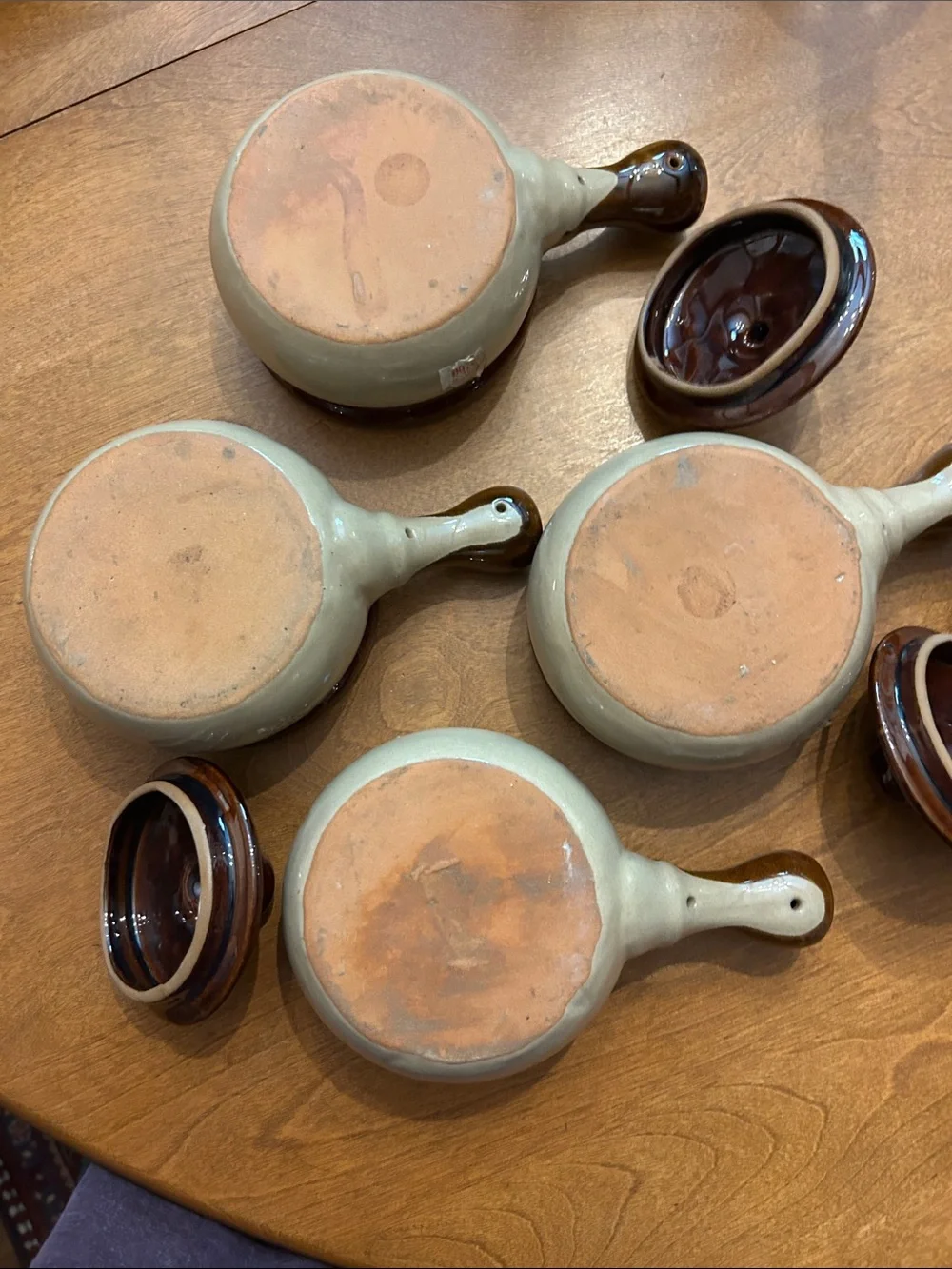 Vintage Brown Glazed Ceramic Pottery Soup Bowls with Handles and Lids - Set of 4